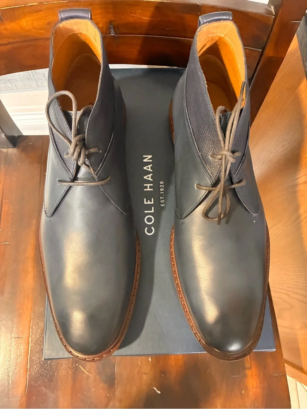 Cole Haan Men's Navy Leather Chukka Boots with Brown Welt
